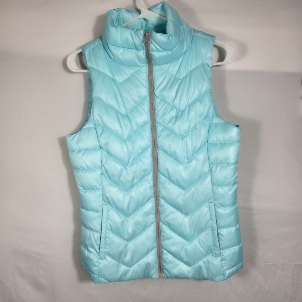 SO Perfect Puffer Vest Aqua Blue Chevron Quilted Full Zip Sleeveless Small W540